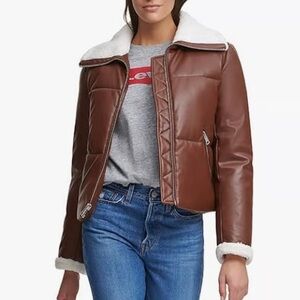 NWOT Levi's Women's Breanna Faux Leather Puffer Jacket Sherpa Collar Coat Brown